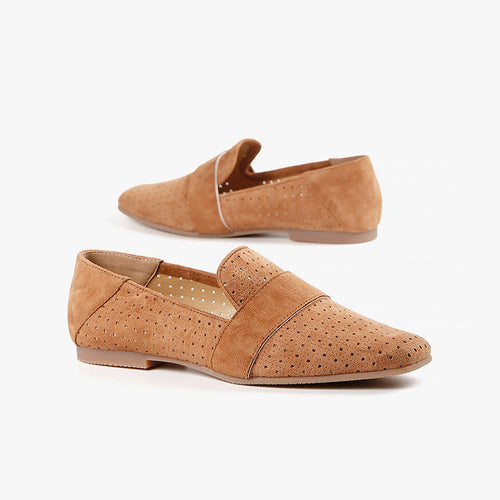 Tan suede loafers with perforation