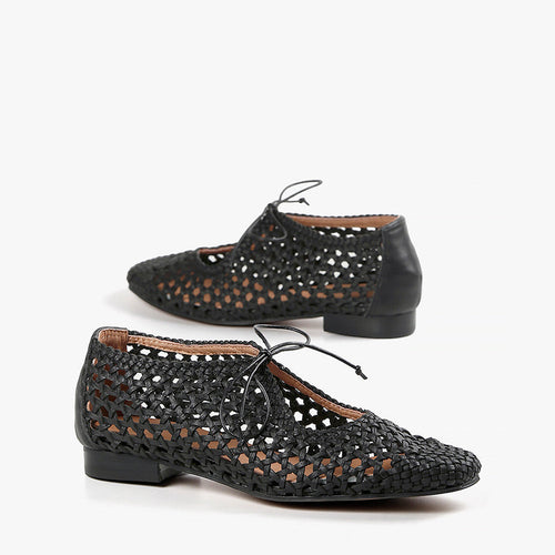 black leather woven flat with tie