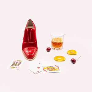 Red velvet oxfords with patent leather heel