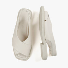 Load image into Gallery viewer, Top and side view of white flat sandal