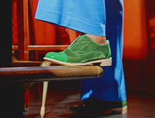 Load image into Gallery viewer, Green velvet oxfords worn with blue wide leg pants