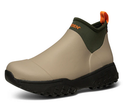 Light green waterproof boot with khaki and orange details 