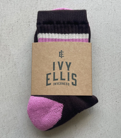 Ivy Ellis purple and pink socks in packaging