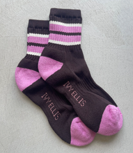 Load image into Gallery viewer, pair of purple and pick striped socks