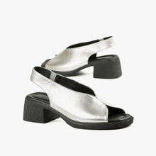 Load image into Gallery viewer, Side view of silver slingback sandals