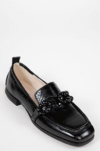 Black Patent Loafer with Black Bauble Details