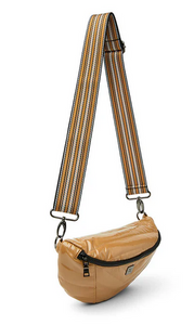 Camel patent bag with striped strap