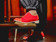 Load image into Gallery viewer, Red velvet oxfords worn with black balloon pants