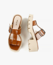 Load image into Gallery viewer, Top and Side Views Buckle Lug Mule Tan Sandals