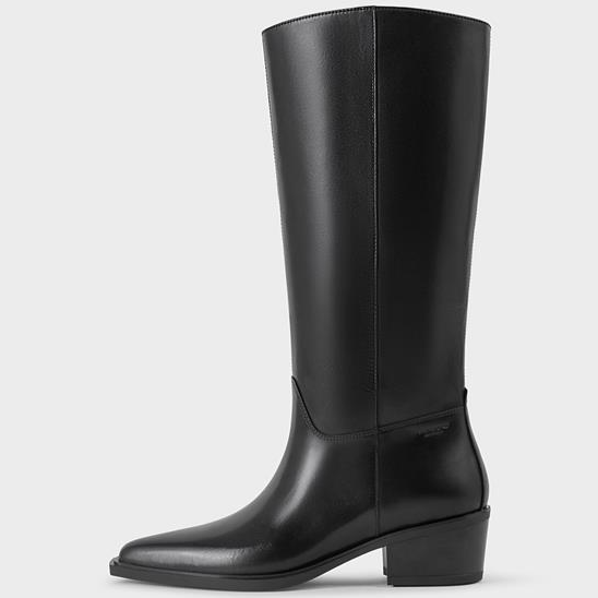 Black leather pointed knee high boots