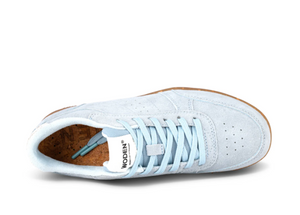 Top view of light blue suede sneaker