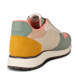 back view of multi colored sneaker in pink green yellow and beige