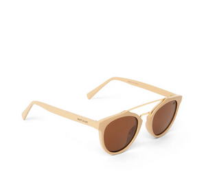 side view of nude sunglasses with metal detailing