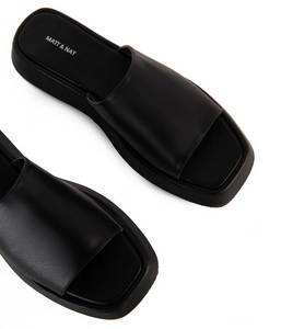 top view of black slide sandals