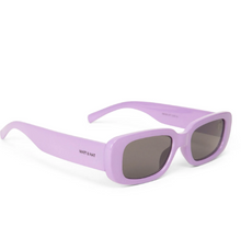 Load image into Gallery viewer, side view of rectangle lilac sunglasses with grey lenses