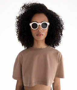 woman wearing White Recycled Round Sunglasses