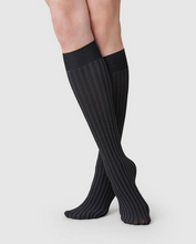 Load image into Gallery viewer, woman wearing Black and grey striped knee high stocking sock