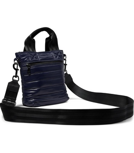 Shiny navy mini tote with handle & long strap