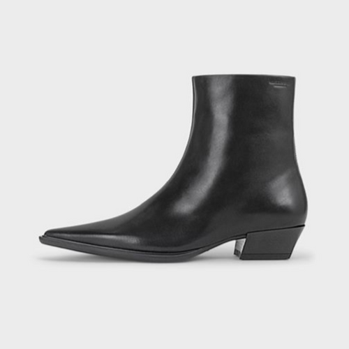 Black pointed heeled ankle boot side view