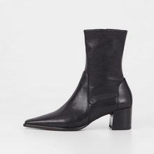 Load image into Gallery viewer, side view of black pointed stretch ankle boots with heel