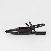 Load image into Gallery viewer, Pointy black patent flat shoes with two straps