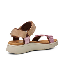 Load image into Gallery viewer, back view of pink and tan sandal with velcro straps and white sole