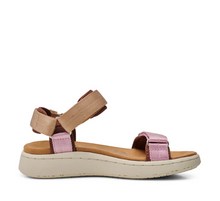 Load image into Gallery viewer, side view of pink and tan sandal with velcro straps 