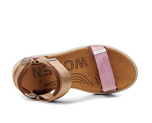 Load image into Gallery viewer, top view of sandals with pink and tan straps and beige insole