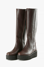 Load image into Gallery viewer, Brown knee high wedge boots