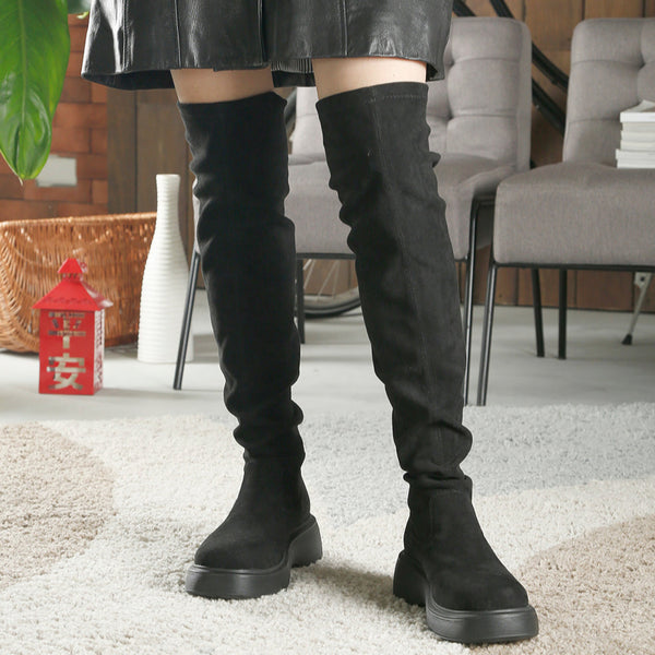 Black suede thigh high boots flat online