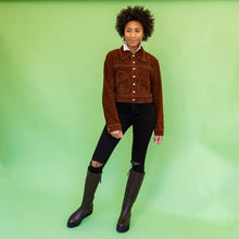 Load image into Gallery viewer, Brown tall boots worn with black jeans &amp; suede jacket