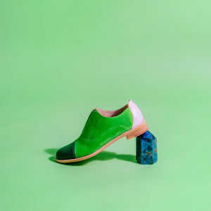 Green suede oxford with leather toe and patent leather white heel