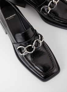 Square toe shiny black loafers with silver chain