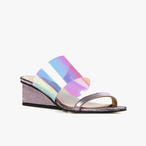 Silver Leather Wedge Sandal with two straps