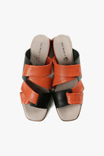 Load image into Gallery viewer, Top view of orange and black leather mule sandals